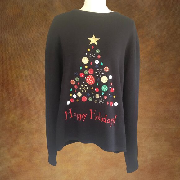 XXL Christmas Sweater Black Holiday Pullover Embellished Tree Ornaments Gems - Picture 1 of 9
